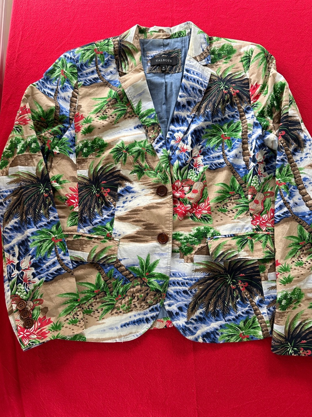 Talbots Tropical Palm Print Blazer in Blue, Green & Tan
